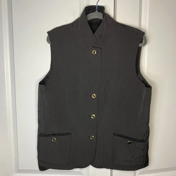 Talbots Black Quilted Old Money Preppy Equestrian Neutral Button Down Vest Large - Picture 5 of 7